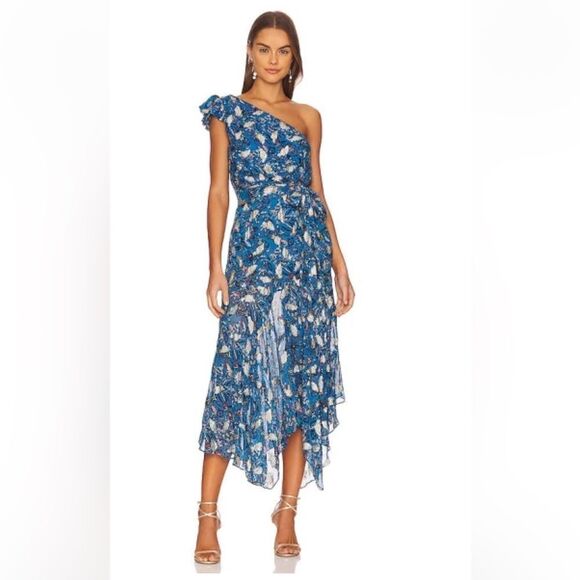Karina Grimaldi Letitzia Dress LUREX print chiffon blue gold Sz S NWT $306 - Picture 1 of 11